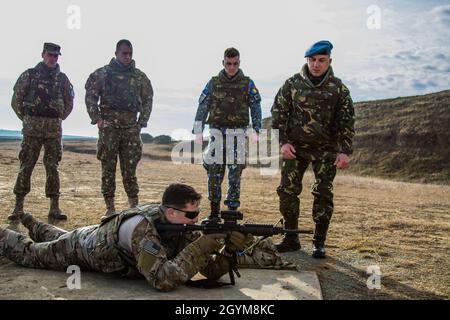 Mitglieder der rumänischen Streitkräfte führen am 29. Januar 2020 mit Soldaten der 382. Militärpolizei-Abteilung in der Nähe des Militärflughafens Mihail Kogalniceanu, Rumänien, eine Schießausbildung durch. Die Dienstmitglieder wurden mit dem M-4-Gewehr der US-Soldaten trainiert, das für die meisten US-Truppen das primäre Kleinwaffengewehr ist. (USA Armeefoto von Sgt. Dommnique Washington, 7. Mobile Public Affairs Detachment) Stockfoto