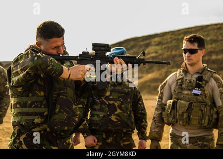 Mitglieder der rumänischen Streitkräfte führen am 29. Januar 2020 mit Soldaten der 382. Militärpolizei-Abteilung in der Nähe des Militärflughafens Mihail Kogalniceanu, Rumänien, eine Schießausbildung durch. Die Dienstmitglieder wurden mit dem M-4-Gewehr der US-Soldaten trainiert, das für die meisten US-Truppen das primäre Kleinwaffengewehr ist. (USA Armeefoto von Sgt. Dommnique Washington, 7. Mobile Public Affairs Detachment) Stockfoto