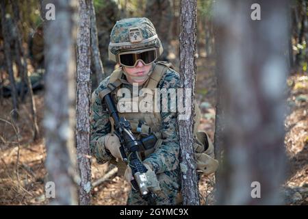 US Marine Private First Class Jebidiah Betts, ein Infanterie-Gewehr Marine mit 3. Bataillon, 2. Marine Regiment, hält während der taktischen Luft-und Personal (FALLE) Training auf der Expeditionary Operations Training Group Range an Bord Camp Lejeune, N.C., 30. Januar 2020 Sicherheit. BEI TRAP-Missionen können Marineinfanteristen realistische Szenarien einüben, um ihre Fähigkeiten bei der Wiederherstellung von Personal und Flugzeugen zu verbessern. (USA Marine Corps Cpl. Antonio Garcia/Freigegeben) Stockfoto