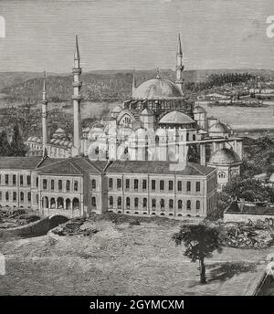 Türkei, Istanbul. Die Suleymaniye Moschee wurde vom Architekten Mimar Sinan entworfen. Osmanische Architektur. Gravur. La Ilustración Española y Americana, 1878. Stockfoto