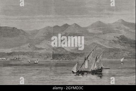 Geschichte Griechenlands. Thessalien. Blick auf den Mount Pelion vom Golf von Volos. Stich von Ovejero. La Ilustración Española y Americana, 1878. Stockfoto