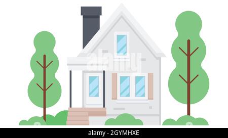 Außenansicht des Vorstadthauses mit Dach und einigen Bäumen. Haus oder Gebäude im polygonalen Stil. Vektor-Illustration mit flachem Design. Stock Vektor