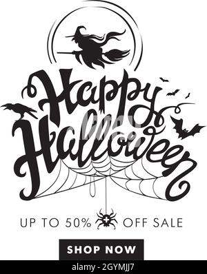 Hexe im Hut fliegt auf einem Besenstiel vor dem Hintergrund des Vollmondes. Halloween Sale Spezial Angebot Banner Vorlage mit handgezeichneten Schriftzug für den Urlaub Stock Vektor