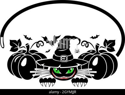 Schwarze Katze im Hexenhut lächelt und versteckt sich zwischen den Kürbissen. Konzept für Grußkarte, Einladung zu Halloween. Vektor auf transparentem Backgroun Stock Vektor