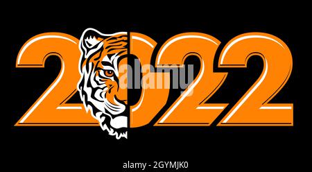 Frohes neues Jahr 2022. Jahr des Tigers, Zeichnung Tiger Gesicht und Zahlen 2022 für Poster, Broschüre, Banner, Einladungskarte. Vektorgrafik auf schwarzer BA Stock Vektor