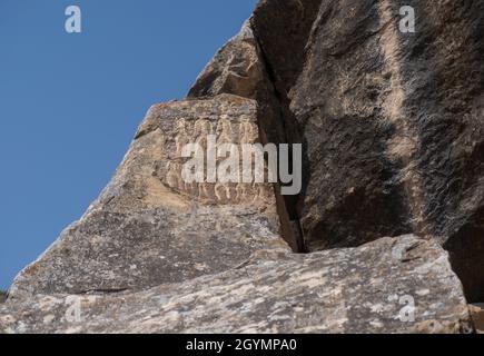 Alte Felszeichnungen (Petroglyphen), Gobustan, Aserbaidschan Stockfoto