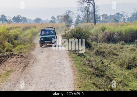 KAZIRANGA, INDIEN - 30. JANUAR 2017: Touristen im Geländewagen während einer Safari im Kaziranga Nationalpark. Stockfoto