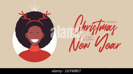 Weihnachtskugeln mit niedlichen Person Charakter Frau Hirsch Hut Hörner. Frohe weihnachten und ein glückliches neues Jahr Grußkarte Banner Cartoon Winterferien Stock Vektor