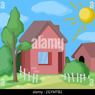 Cottage rotes Haus mit Einstellung Cartoon Farbe Vektor Illustration, horizontal Stock Vektor