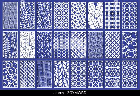 Dekorative lasergeschnittene Paneele-Schablone mit abstrakter Textur. Geometrisches und florales Laserschneiden oder Gravieren Panel Vektor Illustration Set. Zusammenfassung Stock Vektor