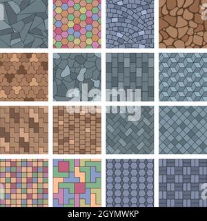 Pflasterstein, Straßenlandschaft Gehwege Backstein architektonischen Elementen. Gehweg Steine, Landschaft Straße Bürgersteig Boden Vektor Illustration Set. Ziegel Stock Vektor