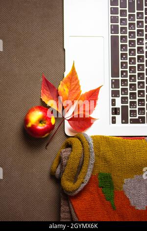 Wollpullover in den Farben Rot, Orange, Braun, eine graue Laptop-Tastatur. Herbst, Herbst. Stockfoto