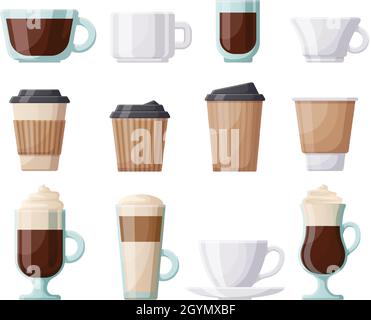 Kaffee heiße Getränke Tasse, Keramik, Kunststoff, Papier Kaffeetassen. Heiße Getränke Kaffeebecher, Café, Restaurant oder nehmen Sie Kaffee Vektor Illustration Set. Papier Stock Vektor