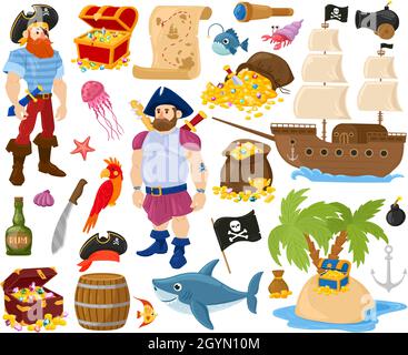 Cartoon Piraten, Seefische, Schatzkiste, Marineschiff. Pirate Seemann Zeichen, goldene Schatzschiff und Karte Vektor Illustration Set. Piratenmeer Stock Vektor