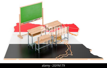 Bildung in Ägypten, Konzept. Schultische und Tafel auf der Karte Ägypten. 3D-Rendering auf weißem Hintergrund isoliert Stockfoto