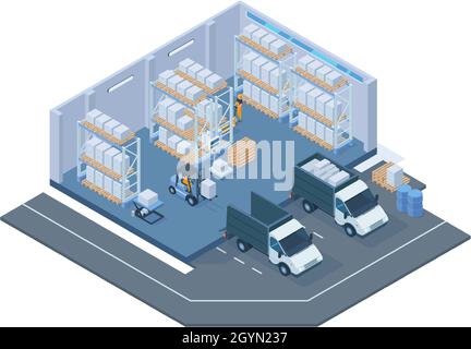 Isometrisches Lagergebäude, modernes Lagerhausinnere. Lagerung Gabelstapler, Palettenwagen, Regale und Lieferwagen Vektorgrafik Stock Vektor