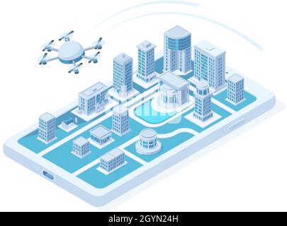 Isometrische Drohnenantenne, Quadcopter digitales Innovationskonzept. Fliegende Logistik Quadcopter, Lieferung Drohne Transport Vektor Illustration Stock Vektor