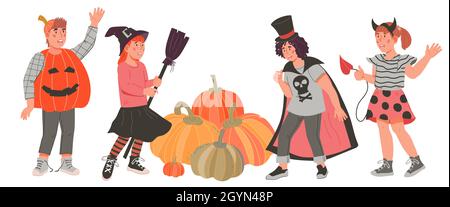 Kinder in Halloween Kostümen mit Ernte von Herbstkürbissen, flacher Vektor. Stock Vektor