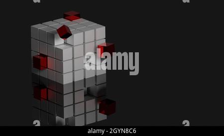 3d-Rendering von metallischen Würfeln mit roten Würfeln - Konstruktionskonzept Stockfoto