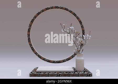 3D beige quadratisches Podium mit Schlangenleder oder Reptilienmuster und Kreisrahmen. Podest mit Vase und Blumen. Für kosmetische, Beauty-Produkte Promotion. Abs Stockfoto