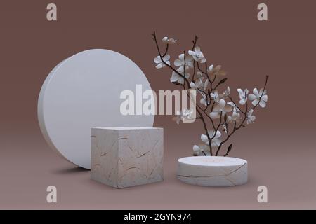 3D beige quadratisches Podium mit Schlangenleder oder Reptilienmuster und Kreisrahmen. Podest mit Vase und Blumen. Für kosmetische, Beauty-Produkte Promotion. Abs Stockfoto