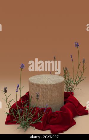 3D realistische runde Podium mit rotem Seidenstoff und Lavendelblüten isoliert auf beigem Hintergrund bedeckt. Leerer Sockel, Ständer. Satin-Qualität mit Drap Stockfoto