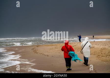 Spaziergänger am Strand, dunkle Sturmwolken, raues Meer, Herbst an der Nordsee in Nordholland, zwischen den Städten Egmond aan Zee und Bergen aan Zee, Stockfoto