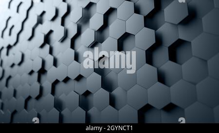 Sechskant-Kacheln. Kalte dunkelgraue Farbe. Abstrakter Sechseck-Hintergrund. Wabe. Geringe Schärfentiefe. 3d-Illustration. Stockfoto