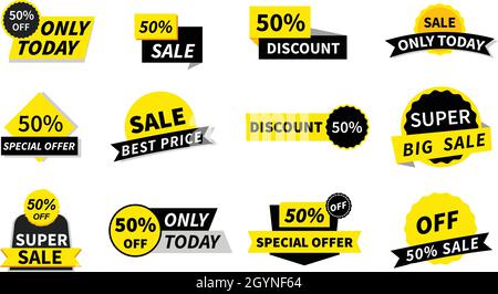 50%, Sale Tags Kollektion. Sonderangebot, großer Verkauf, Rabatt, bester Preis, Mega-Verkauf Banner-Set. Shop oder Online-Shopping. Aufkleber, Abzeichen, Gutschein, Geschäft Stock Vektor