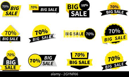 70%, Sale Tags Kollektion. Sonderangebot, großer Verkauf, Rabatt, bester Preis, Mega-Verkauf Banner-Set. Shop oder Online-Shopping. Aufkleber, Abzeichen, Gutschein, Geschäft Stock Vektor