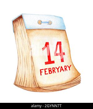 Aquarell-Kalender mit Abrissseiten im Retro-Stil rot Datum 14. februar auf alten vergilbten Seiten. Valentinstag, Feiertag Datum. Isoliert auf weißem Hintergrund Stockfoto