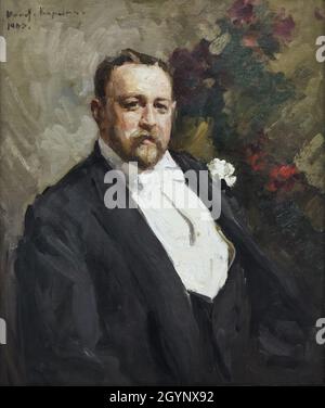 Gemälde „Portrait of Ivan Abramovich Morozov“ des russischen impressionistischen Malers Konstantin Korovin (1903), ausgestellt in der Ausstellung „Ikonen der modernen Kunst aus der Sammlung Morozov“ in der Fondation Louis Vuitton in Paris, Frankreich. Ivan Abramowitsch Morozov war ein russischer Kunstsammler, der eine der besten Sammlungen der französischen modernistischen Kunst der Welt besaß. Die Ausstellung zur Sammlung Morozov läuft bis zum 22. Februar 2022. Stockfoto