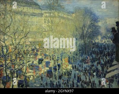 Gemälde „Boulevard des Capucines“ des französischen Impressionisten Claude Monet (1873), ausgestellt in der Ausstellung „Ikonen der modernen Kunst aus der Sammlung Morozov“ in der Fondation Louis Vuitton in Paris, Frankreich. Die Ausstellung läuft bis zum 22. Februar 2022. Stockfoto