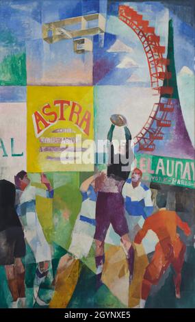 Gemälde „The Cardiff Team“ („L'Équipe de Cardiff“) des französischen modernistischen Malers Robert Delaunay (1912-1913), ausgestellt im Museum of Modern Art (Musée d'Art Moderne de Paris) in Paris, Frankreich. Stockfoto