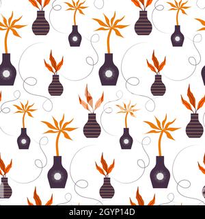 Muster mit Vasen und orangefarbenen Blättern. Vektorgrafik. Stock Vektor