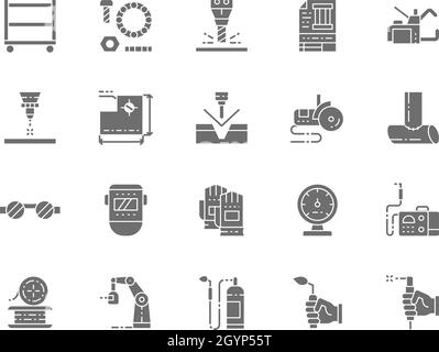 Satz grauer Schweißsymbole. Spot Machine, Unterlegscheiben, Schrauben, Lötlampe und mehr. Stock Vektor