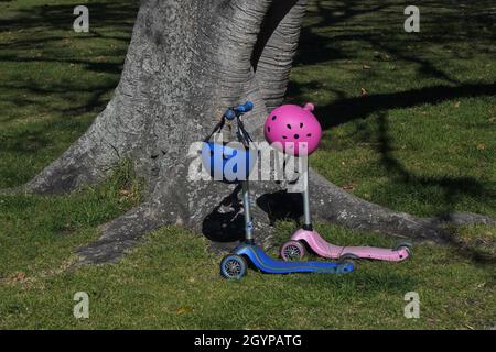 Nahaufnahme Blick auf Pink and Blue Kids Roller, die ordentlich am Fuße eines Baumes geparkt sind Stockfoto