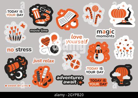 Aufkleber-Set. Isolierte Vektorgrafiken. Aufkleber für Planer oder Tagebuch. Schneemann Herzen lieben Blumen Ballon Eis Camping Reisen Film lesen Stock Vektor