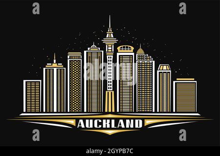 Vektor-Illustration von Auckland, schwarzes horizontales Poster mit linearem Design beleuchtete auckland Stadtlandschaft, Urban Line Art Konzept mit dekorativem le Stock Vektor