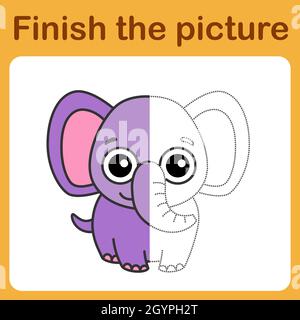 Schließen Sie den Punkt an, und vervollständigen Sie das Bild. Einfache Färbung Elefant. Zeichnung Spiel für Kinder. Stock Vektor