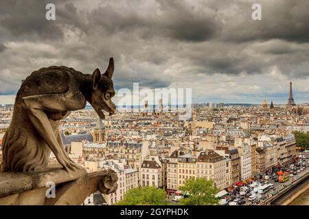 Dies ist eine der Statuen von Chimären und ein Blick auf Paris von den Höhen von Notre-Dame de Paris 13. Mai 2013 Paris, Frankreich. Stockfoto