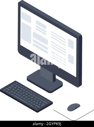 Desktop mit Monitortastatur und -Maus, 3d isometrisch. Vektorcomputer-Desktop mit Bildschirm, pc-Illustrationssymbol Stock Vektor