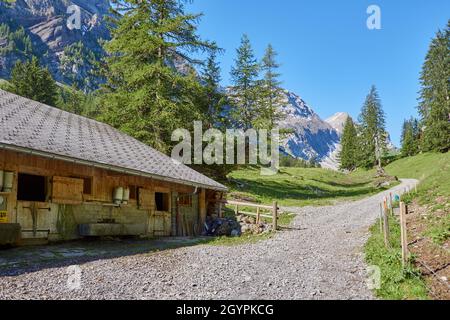 Typische Schweizer Berglandschaft mit Kuhstall auf der Iffigenalp oberhalb der Lenk in der Schweiz Stockfoto