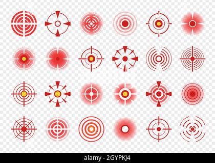 Symbol für rote Kreisschmerzen, Körperschmerzen zielen auf Markierungen oder Flecken ab. Schmerzhafte Muskeln und Gelenke Zielzeichen, Kopfschmerzen Indikationsstellen Symbole Vektor gesetzt. Gesundheitsprobleme, Schmerzen oder Verletzungstherapie Stock Vektor