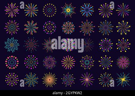Bunte Feuerwerk-Ikone, abstrakter festlicher Feuerwerkskörper funkeln. Feuerwerk Explosion, bengalen Lichter Burst Party Feier Elemente Vektor-Set. Feiertagsfeuer glüht isoliert am Nachthimmel Stock Vektor