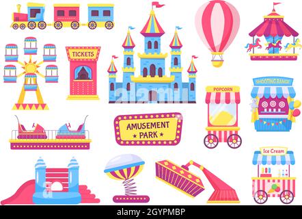 Vergnügungspark Elemente, Festival oder Karneval Fairground Spiele. Achterbahn, Zug, Karussell, Zirkuszelt, Messe Attraktionen Vektor-Set. Popcorn- und Eisdielen, fliegender Heißluftballon Stock Vektor