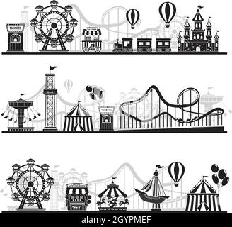 Vergnügungspark Landschaft Silhouette, Karneval Fairground Fahrten. Achterbahn, Karussell, horizontale Kirmes Attraktion Vektor Hintergrund gesetzt. Lustige und aufregende Freizeitunterhaltung Stock Vektor