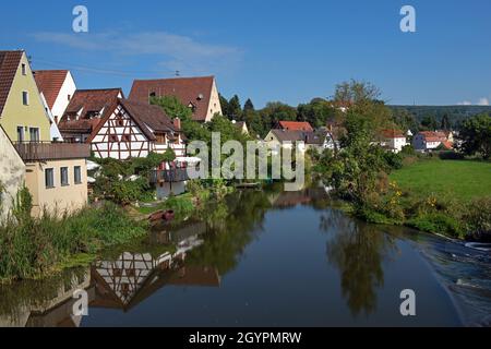 Blick auf die Stadt Harburg und die Wörnitz Stockfoto