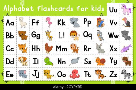 Englisches Alphabet mit Zeichentrickfiguren. Vektorset. Helle Farben. Lerne ABC. Klein- und Großbuchstaben. Stock Vektor