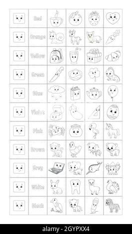 Farben lernen für Kinder. Schneiden und spielen. Malbuch. Niedliche Comic-Figuren. Großes Set für Vorschulkinder. Arbeitsblatt zum Bildungswesen. Vektorgrafik. Stock Vektor